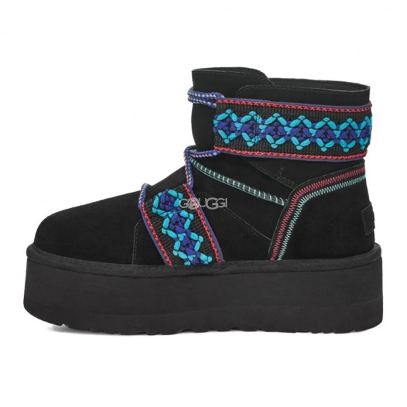 Женские мини угги на платформе Mini II Braid Platform - Black